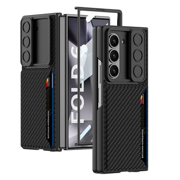 Galaxy Z Fold 6 Kılıf Kamera Korumalı Karbon Fiber Arka Yüzey Zore Kartlıklı Kıpta Sert Kapak Siyah