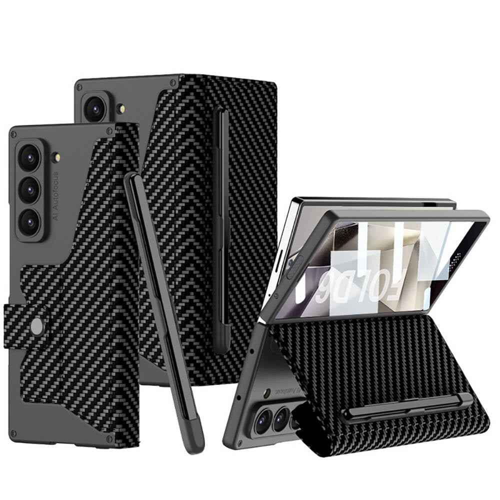 Galaxy Z Fold 6 Case Camera Protection Carbon Design Zore Kipta Pen Compartment Fest Cover Black Carbon