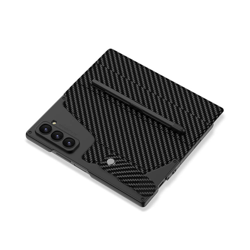 Galaxy Z Fold 6 Case Camera Protection Carbon Design Zore Kipta Pen Compartment Fest Cover Black Carbon