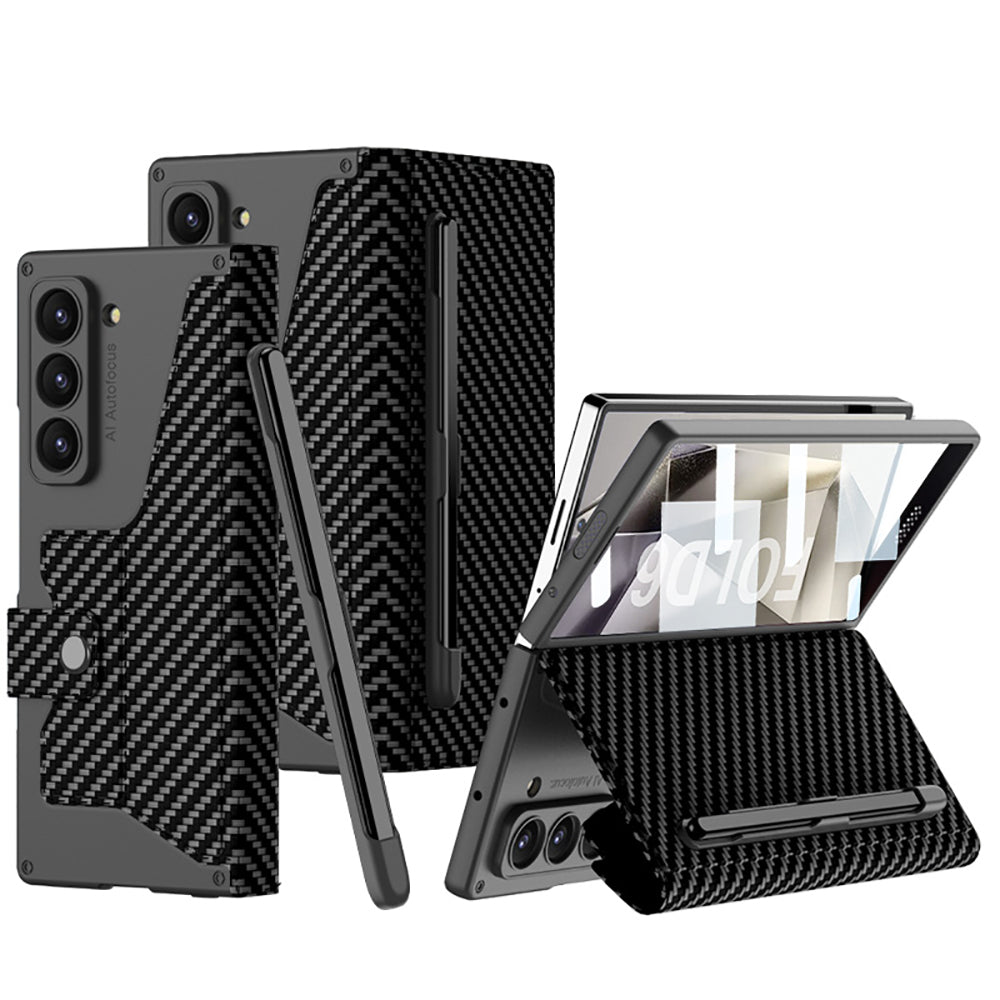 Galaxy Z Fold 6 Case Camera Protection Carbon Design Zore Kipta Pen Compartment Fest Cover Black Carbon