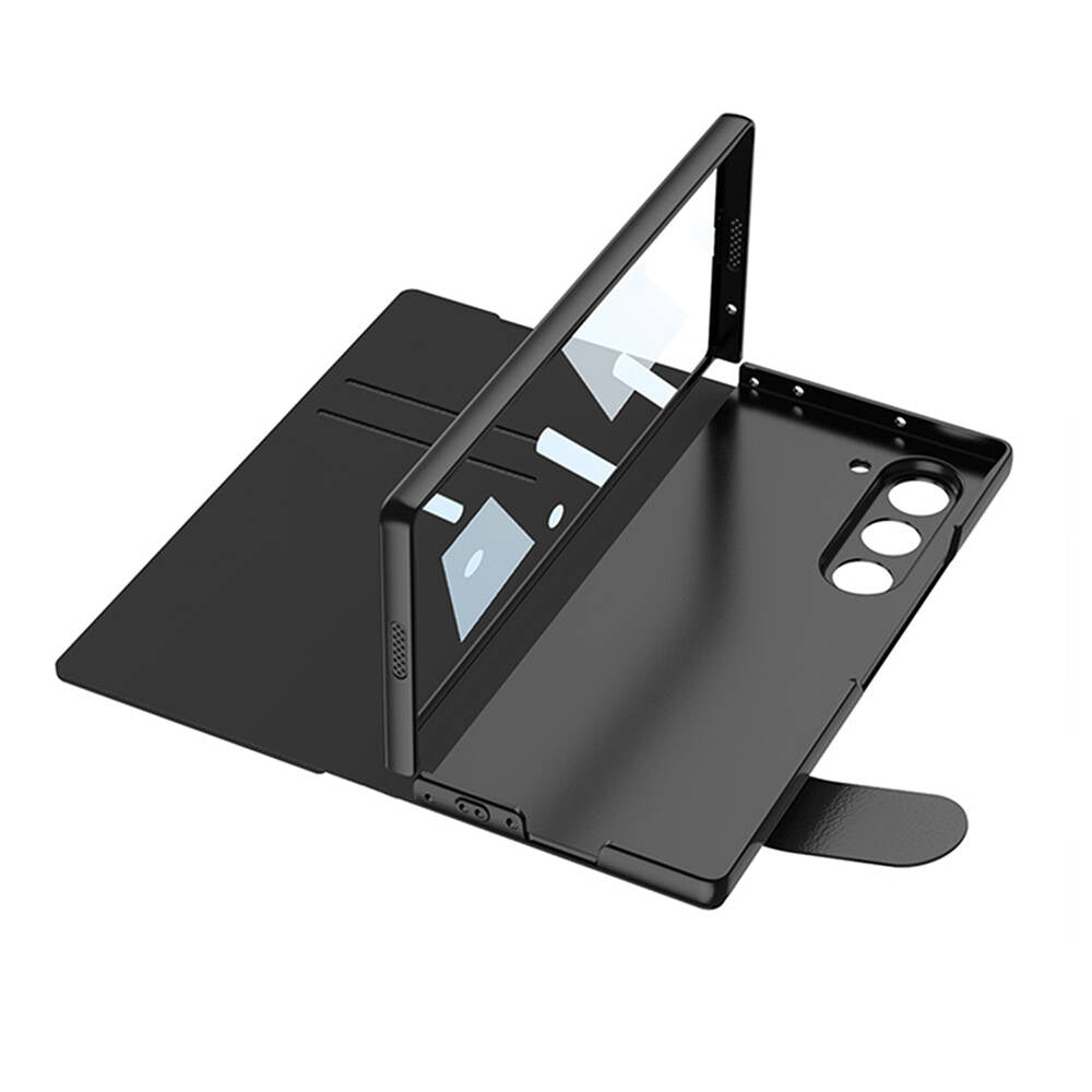 Galaxy Z Fold 6 Case Camera Protection Card Holder Pen Compartment Zore Kıpta Striped Droga Case Black