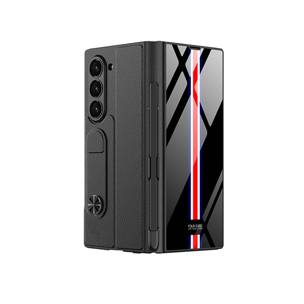 Galaxy Z Fold 6 Case Camera Protection Card Holder Pen Compartment Zore Kıpta Striped Droga Case Black
