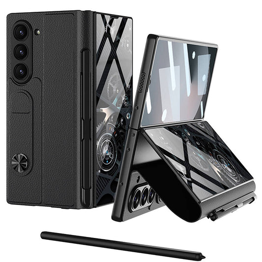 Galaxy Z Fold 6 Kılıf Kamera Korumalı Kartlıklı Kalem Bölmeli Zore Kıpta Marble Drago Kılıf Siyah