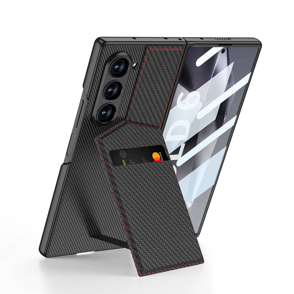 Galaxy Z Fold 6 Carbon Fiber Card Holder Case Zore Kıpta Vertical Card Holder Cover Black