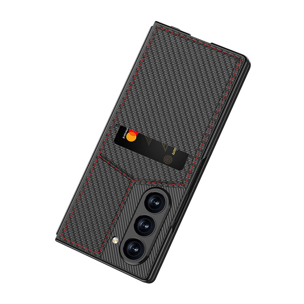 Galaxy Z Fold 6 Carbon Fiber Card Holder Case Zore Kıpta Vertical Card Holder Cover Black