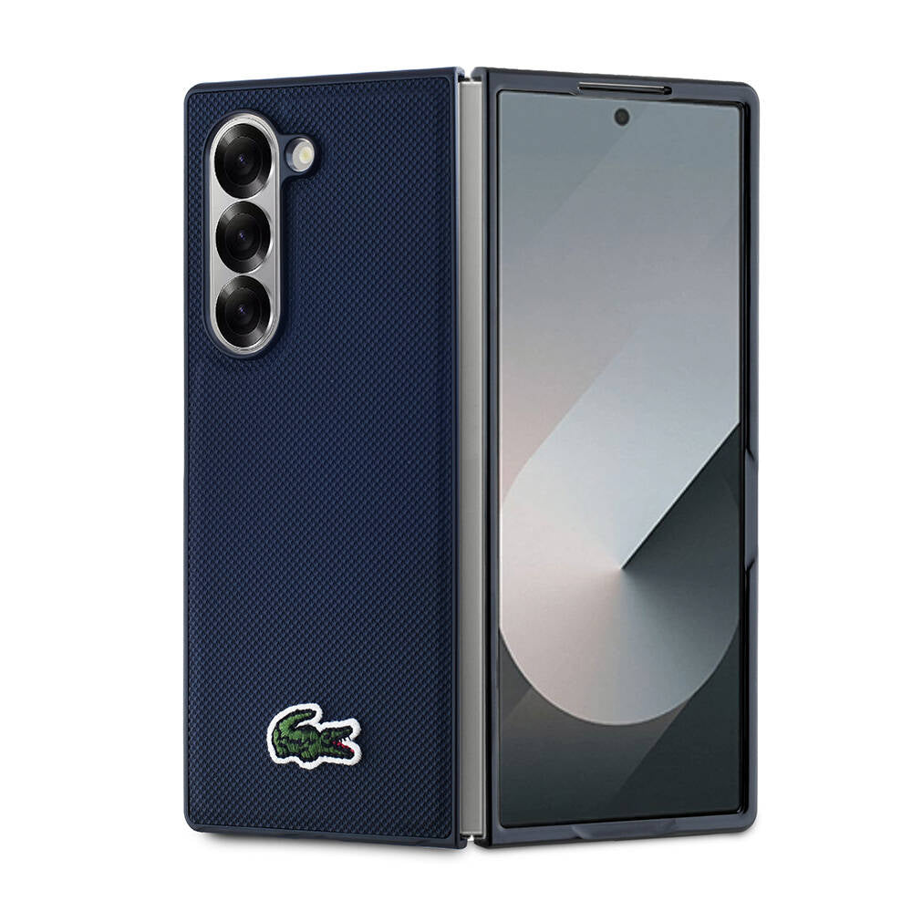 Galaxy Z Fold 6 Case Lacoste Original Licensed M-Safe Charging Feature Pique Patterned Back Surface Iconic Crocodile Weaving Logo Cover Navy Blue