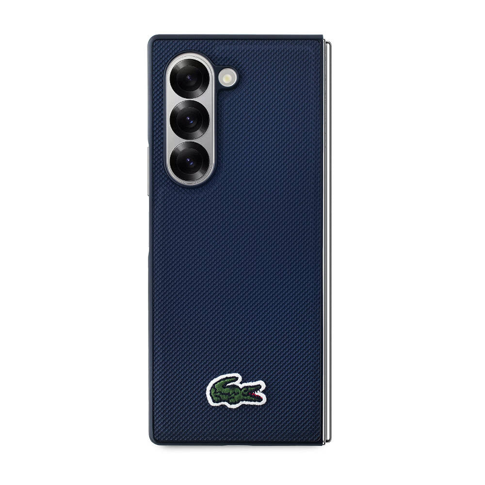 Galaxy Z Fold 6 Case Lacoste Original Licensed M-Safe Charging Feature Pique Patterned Back Surface Iconic Crocodile Weaving Logo Cover Navy Blue