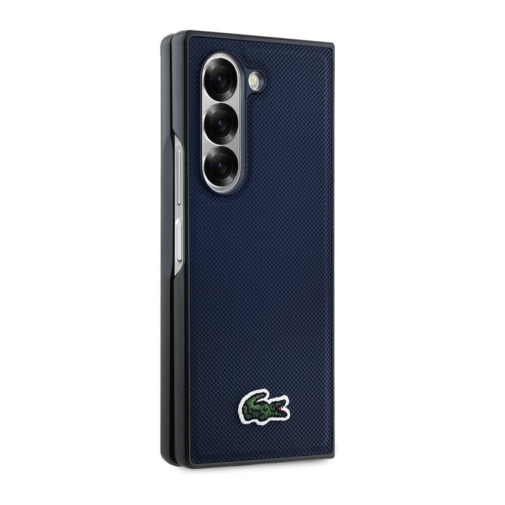 Galaxy Z Fold 6 Case Lacoste Original Licensed M-Safe Charging Feature Pique Patterned Back Surface Iconic Crocodile Weaving Logo Cover Navy Blue