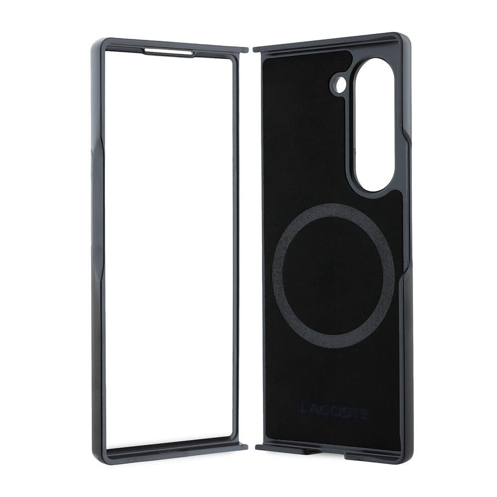 Galaxy Z Fold 6 Case Lacoste Original Licensed M-Safe Charging Feature Pique Patterned Back Surface Iconic Crocodile Weaving Logo Cover Navy Blue