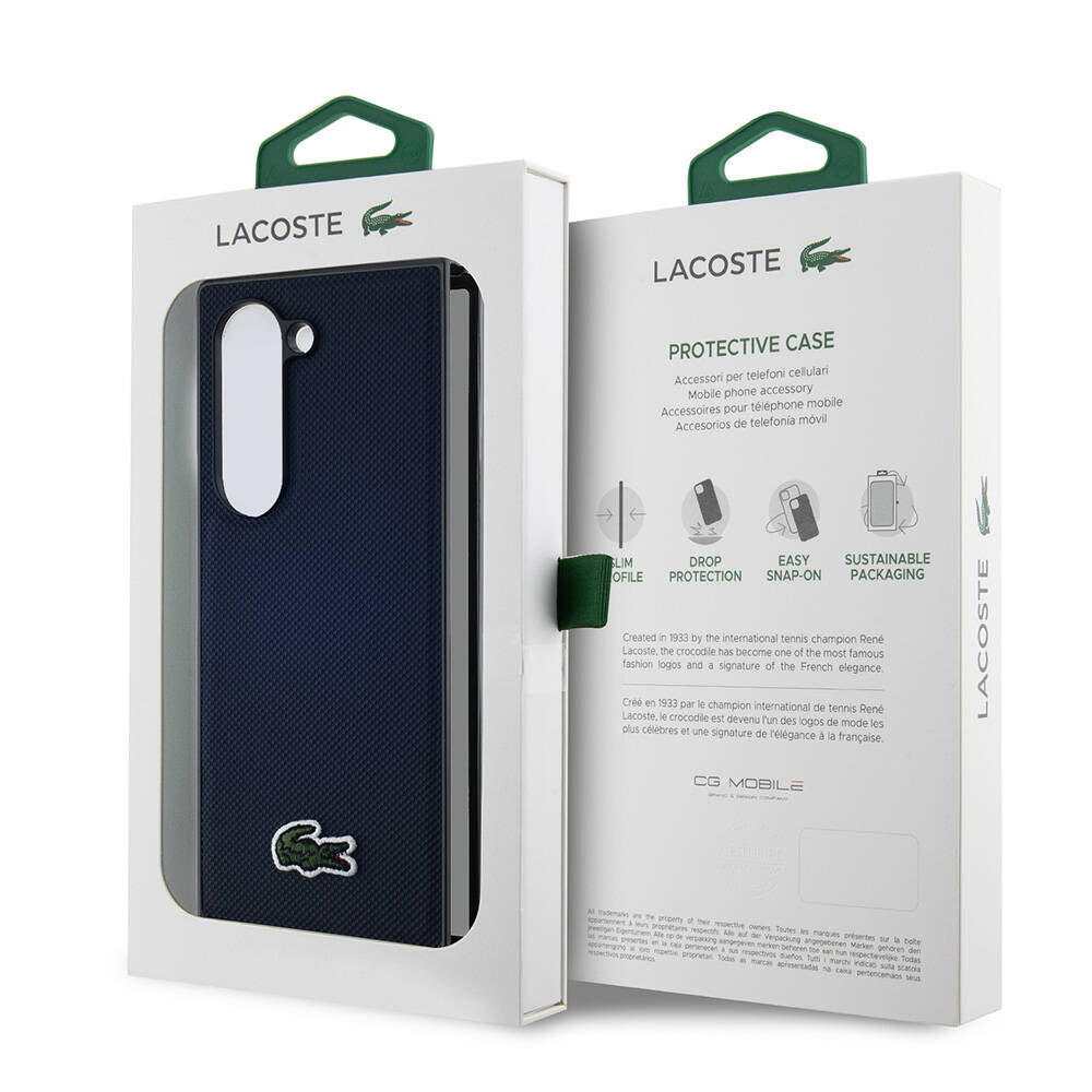 Galaxy Z Fold 6 Case Lacoste Original Licensed M-Safe Charging Feature Pique Patterned Back Surface Iconic Crocodile Weaving Logo Cover Navy Blue