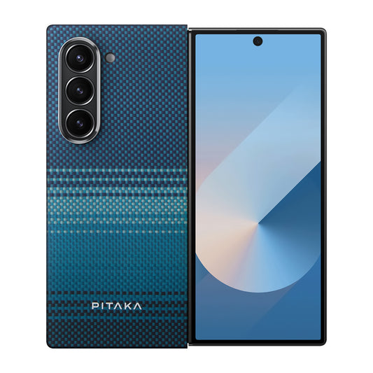 Galaxy Z Fold 6 Kılıf M-safe Şarj Özellikli Aramid Fiber Pitaka Tactile Woven Sunset-Moonrise Serisi Moonrise Kapak Mavi