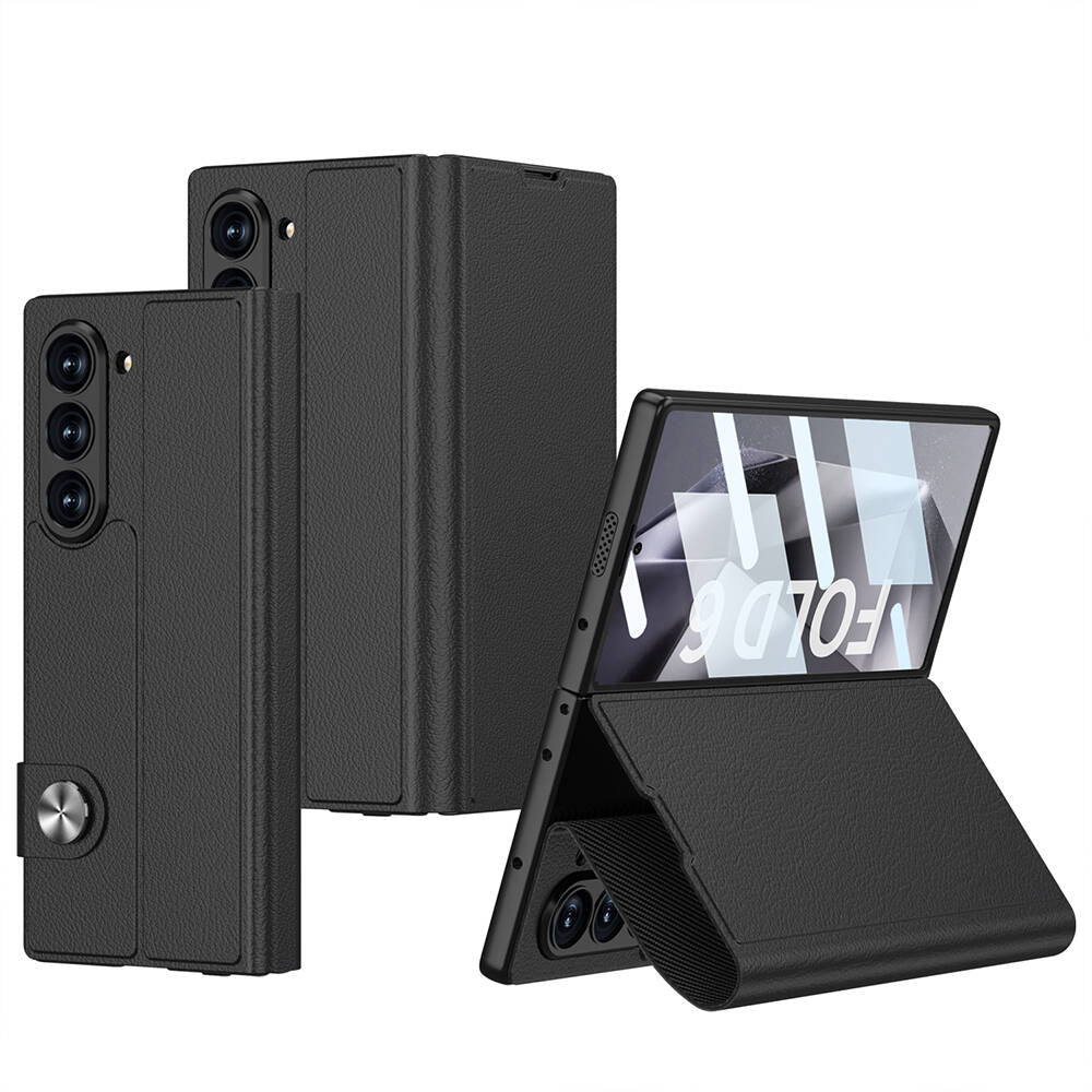 Galaxy Z Fold 6 Case Faux Leather Design Magnetic Clasp and Card Holder Zore Kıpta Zegna Cover Black