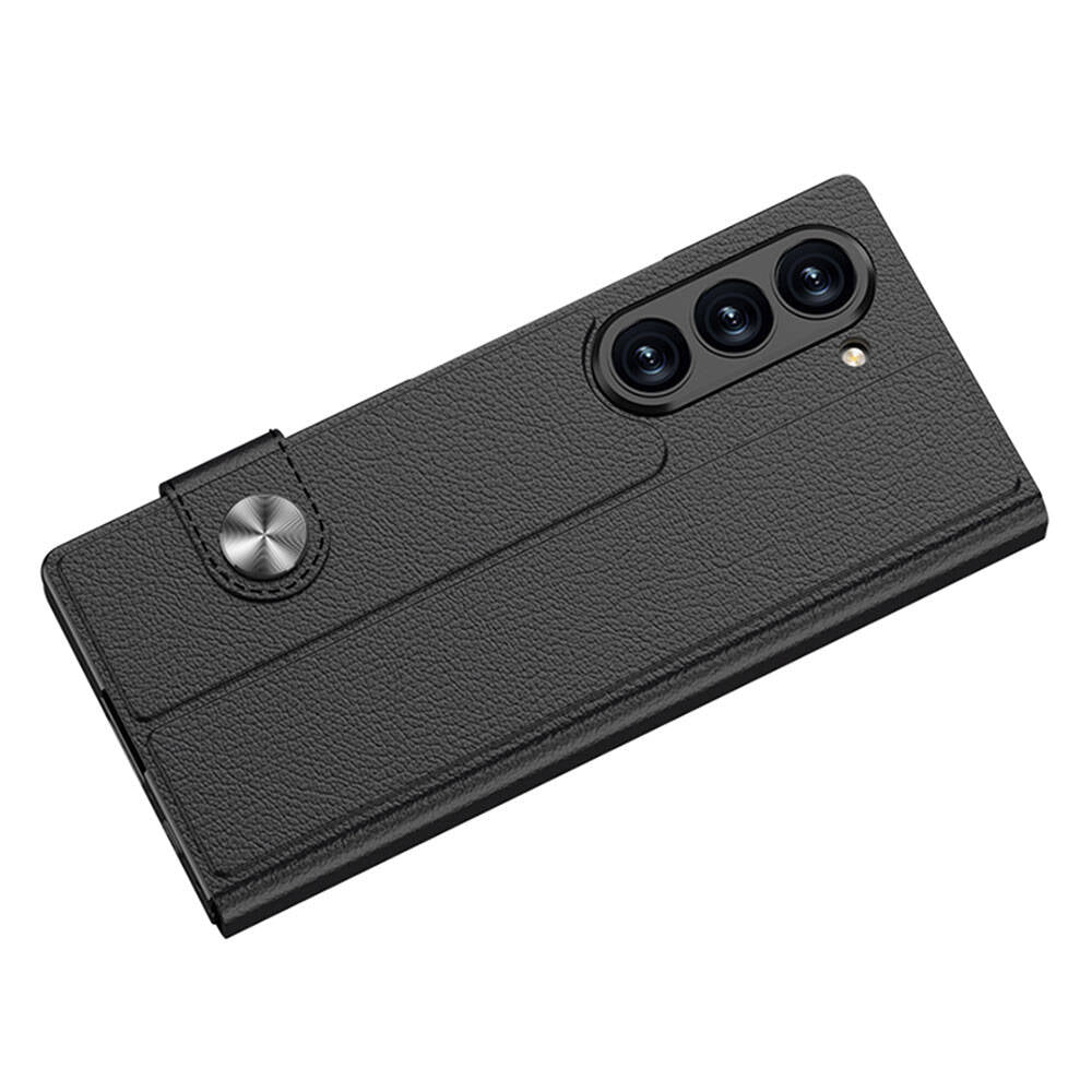 Galaxy Z Fold 6 Case Faux Leather Design Magnetic Clasp and Card Holder Zore Kıpta Zegna Cover Black