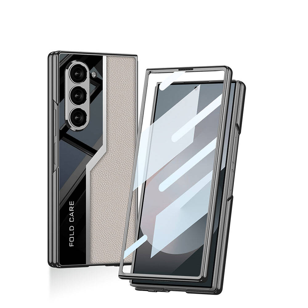 Galaxy Z Fold 6 Case Ultra Thin Camera Protection PC + Leather Back Surface Zore Kıpta Poligan Cover Titanium-Gray