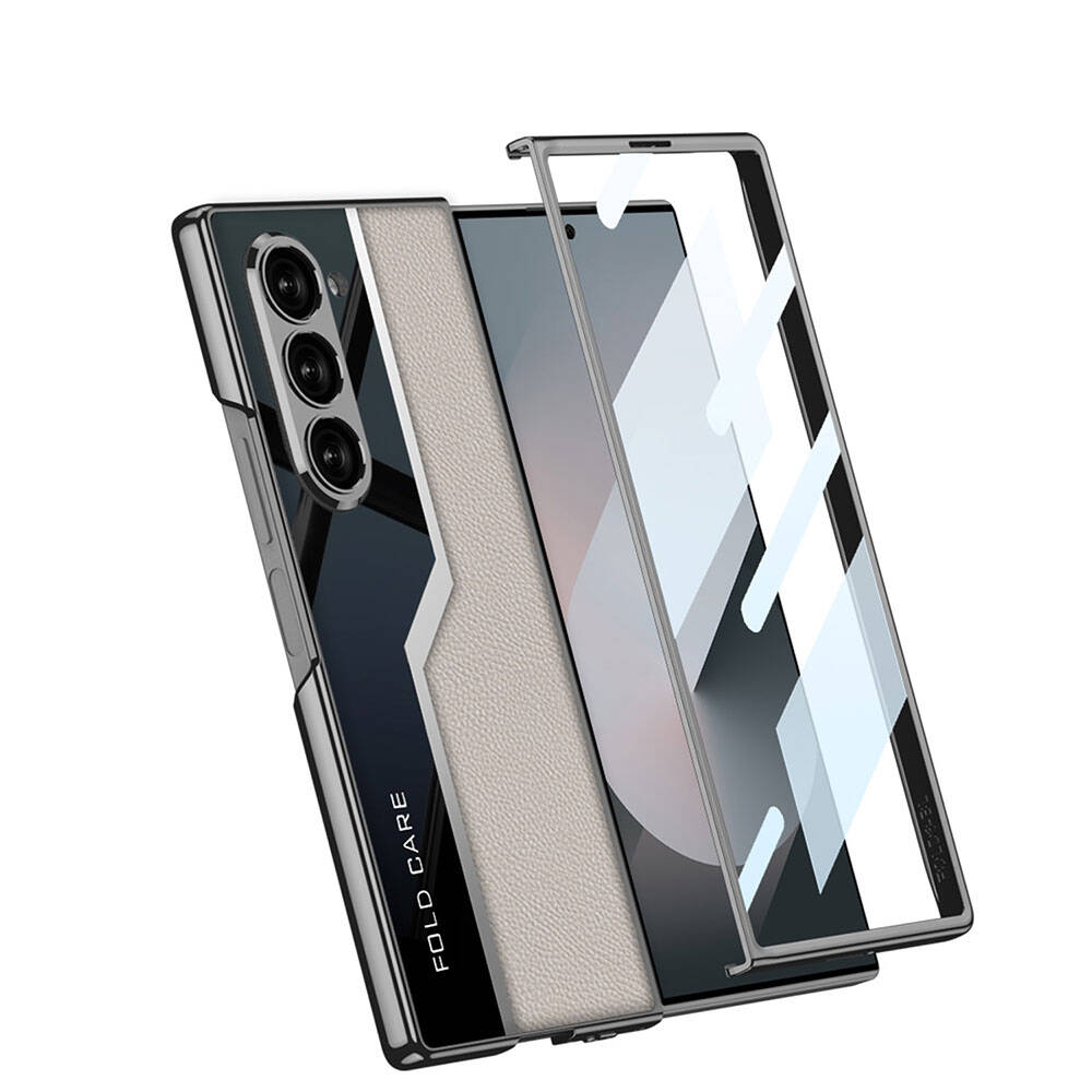 Galaxy Z Fold 6 Case Ultra Thin Camera Protection PC + Leather Back Surface Zore Kıpta Poligan Cover Titanium-Gray