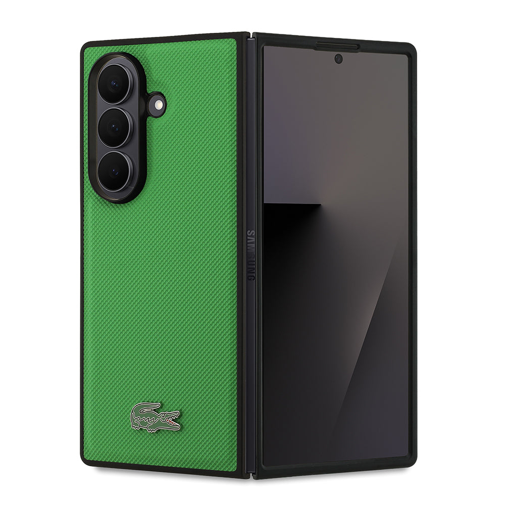 Galaxy Z Fold 7 Case Lacoste Original Licensed M-Safe Charging Feature Piqué Patterned Back Surface Iconic Crocodile Metal Logo Cover Black