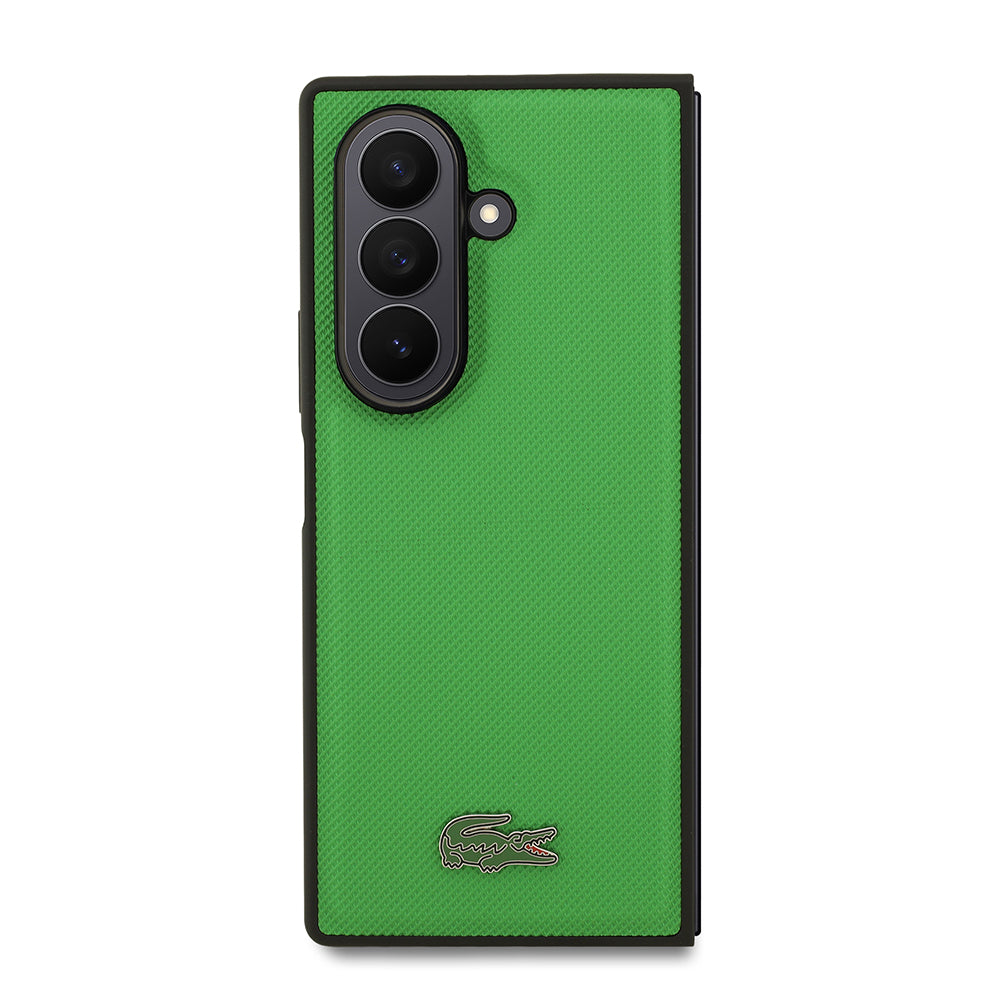 Galaxy Z Fold 7 Case Lacoste Original Licensed M-Safe Charging Feature Piqué Patterned Back Surface Iconic Crocodile Metal Logo Cover Black
