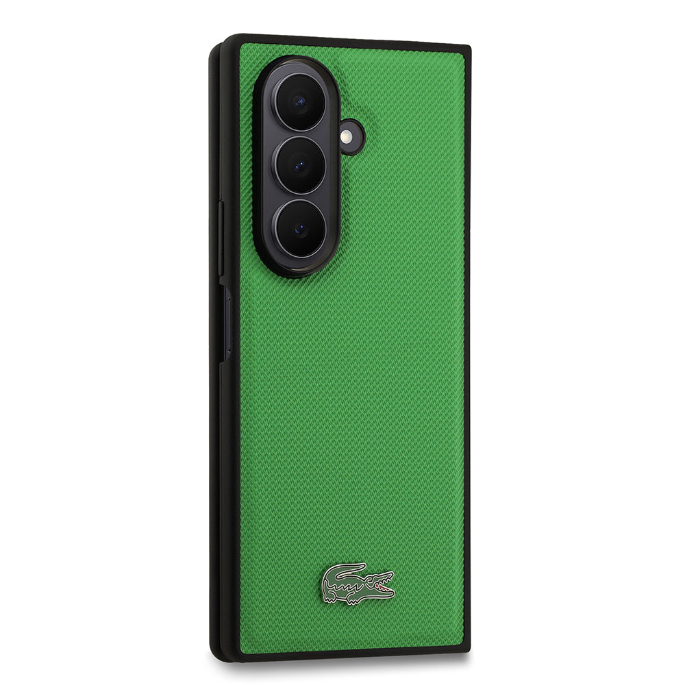 Galaxy Z Fold 7 Case Lacoste Original Licensed M-Safe Charging Feature Piqué Patterned Back Surface Iconic Crocodile Metal Logo Cover Black