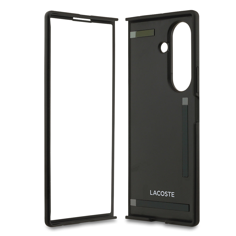 Galaxy Z Fold 7 Case Lacoste Original Licensed M-Safe Charging Feature Piqué Patterned Back Surface Iconic Crocodile Metal Logo Cover Black