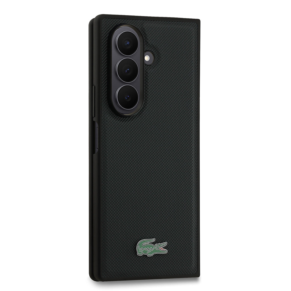 Galaxy Z Fold 7 Case Lacoste Original Licensed M-Safe Charging Feature Piqué Patterned Back Surface Iconic Crocodile Metal Logo Cover Black