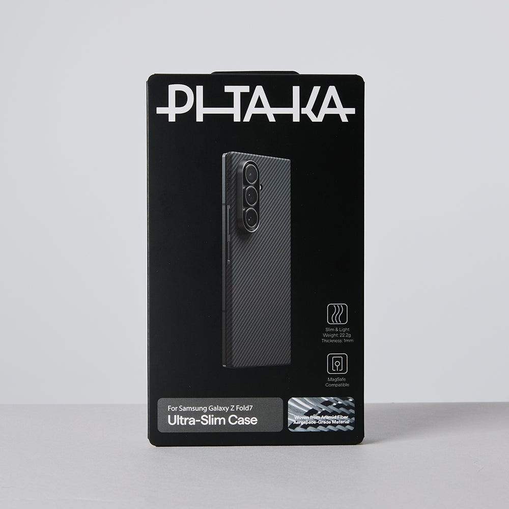 Galaxy Z Fold 7 Kılıf M-safe Şarj Özellikli 600D Aramid Fiber Pitaka Ultra-Slim Classic Serisi Black-Grey Twill Kapak Siyah-Gri
