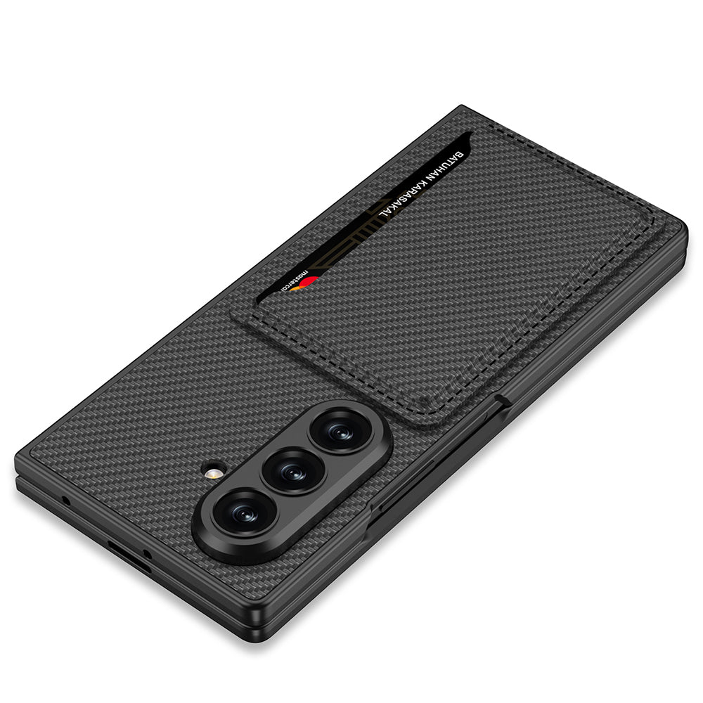 Galaxy Z Fold 7 Suni Deri Arka Yüzey Zore Kartlıklı Kıpta Silikon Kapak Siyah
