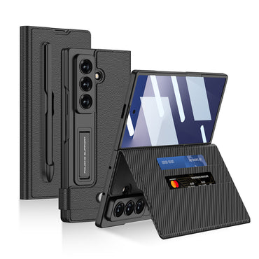 Galaxy Z Fold 7 Suni Deri Tasarımlı Kalem Bölmeli Zore Kıpta Kartlıklı Standlı Kapak Siyah