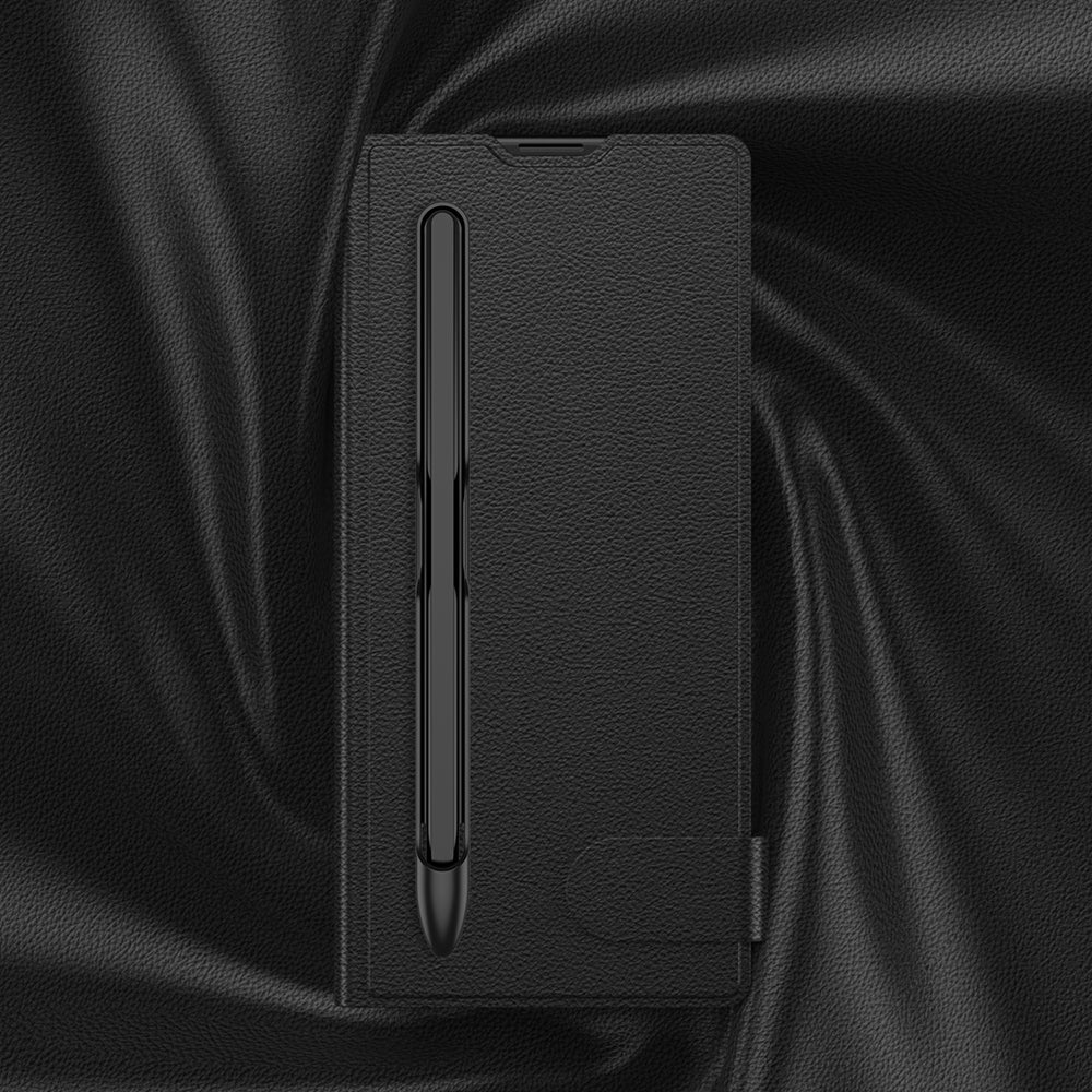 Galaxy Z Fold 7 Suni Deri Tasarımlı Kalem Bölmeli Zore Kıpta Kartlıklı Standlı Kapak Siyah
