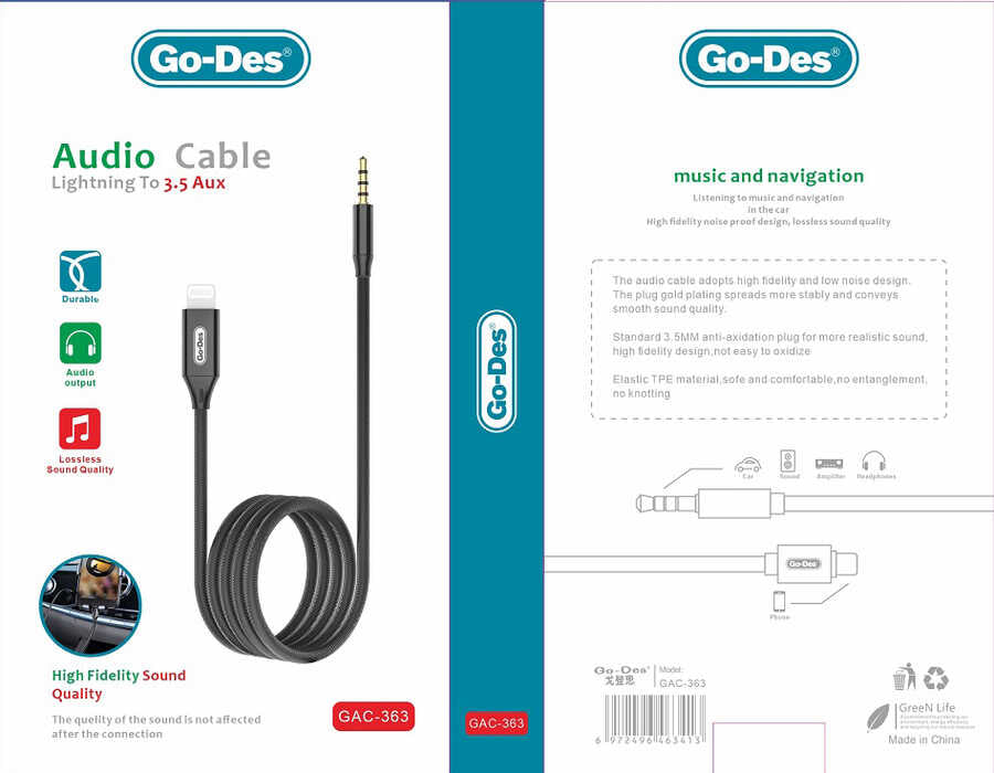 Go Des GAC-363 Lightning To 3.5mm Aux Cable Black
