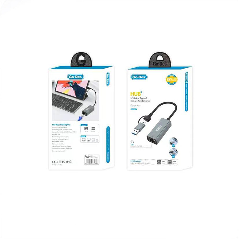 Go Des GD-6871 RJ45 Type-C to USB-A Ethernet Converter Cable 100Mbps Gray