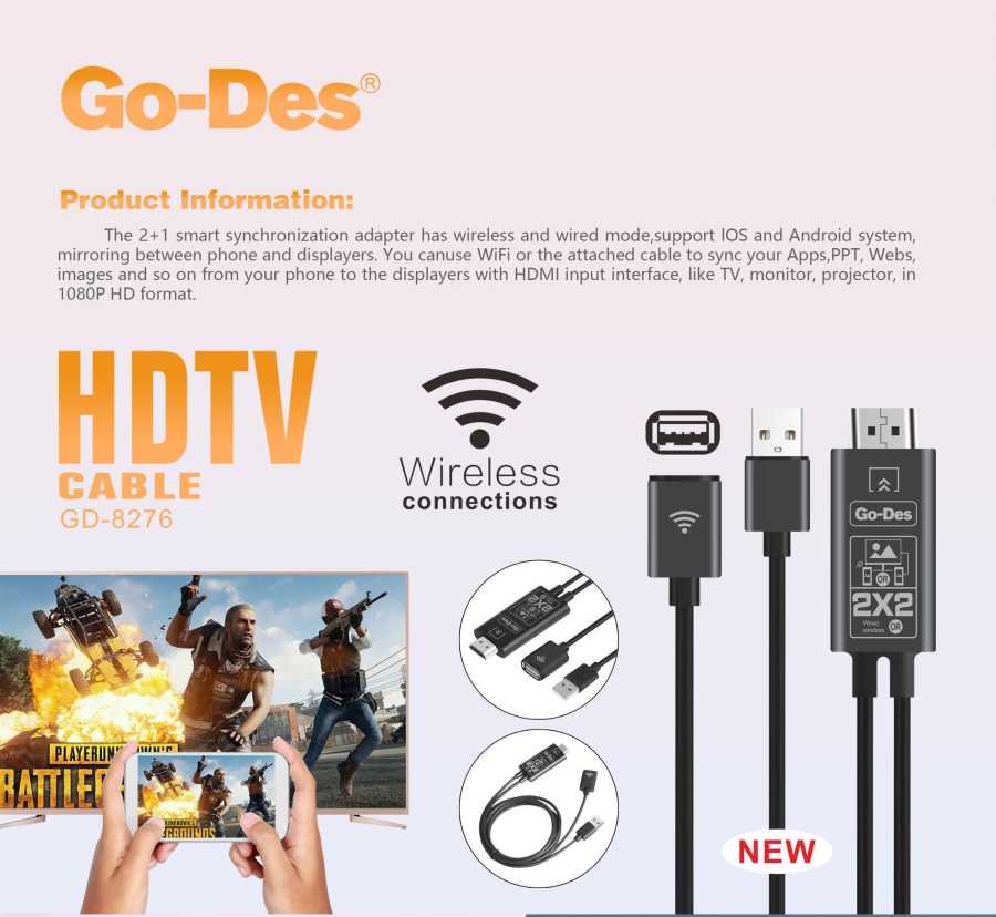 Go Des GD-8276 Wireless Display Dongle Phone Full HDTV Cable Black