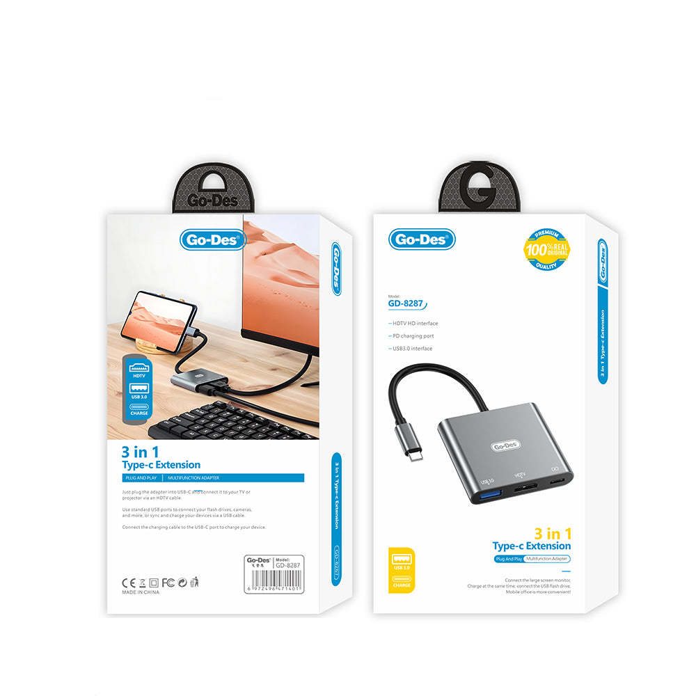 Go Des GD-8287 Type-C to HDTV 3 in 1 Dönüştürücü Adaptör Gri