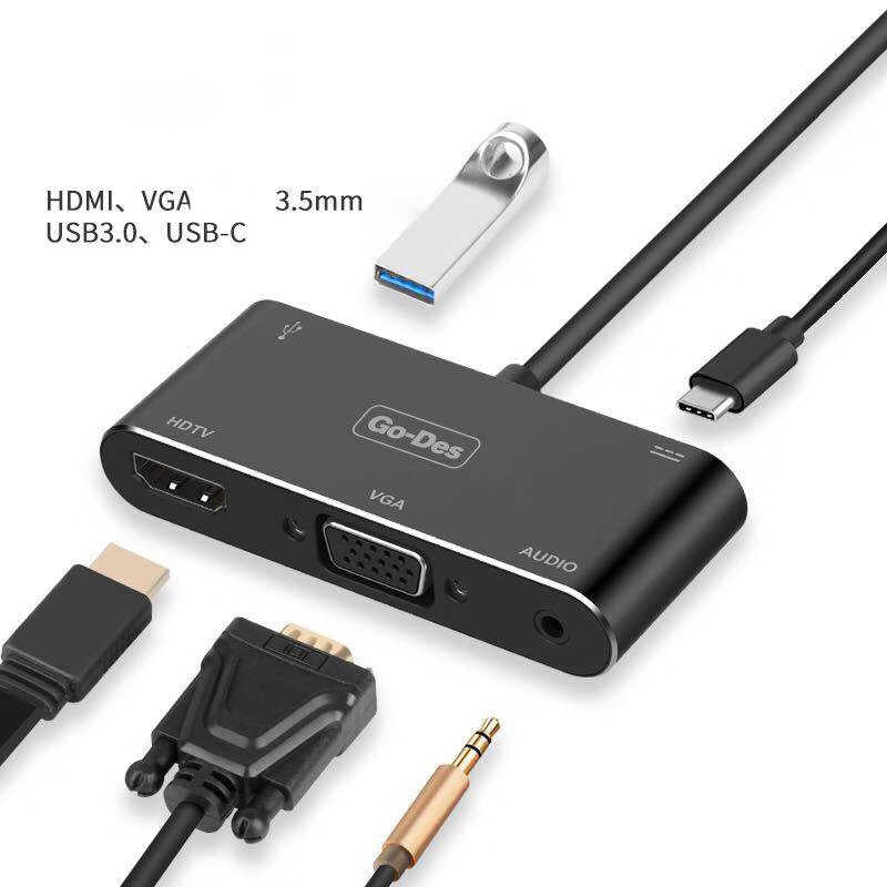 Go Des GD-8761 USB-C to HDTV-VGA Adapter Black