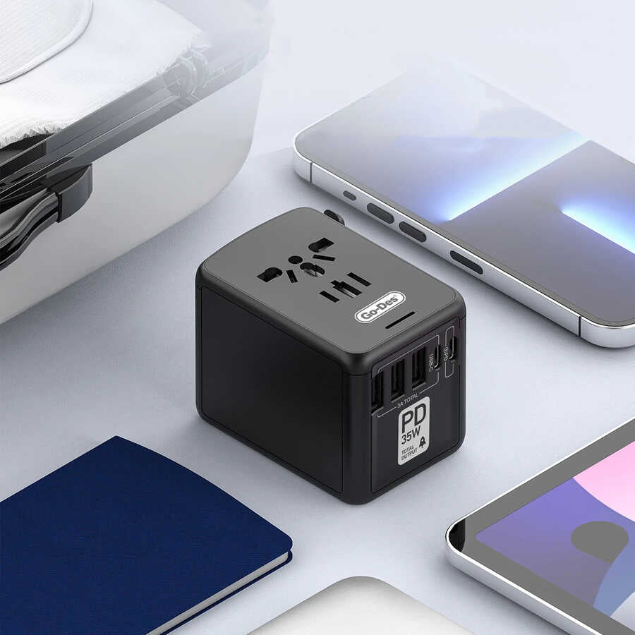 Go Des GD-B616 Multi Universal TR/US/UK/AUS/EU Compatible Charging Adapter Max 35W Black