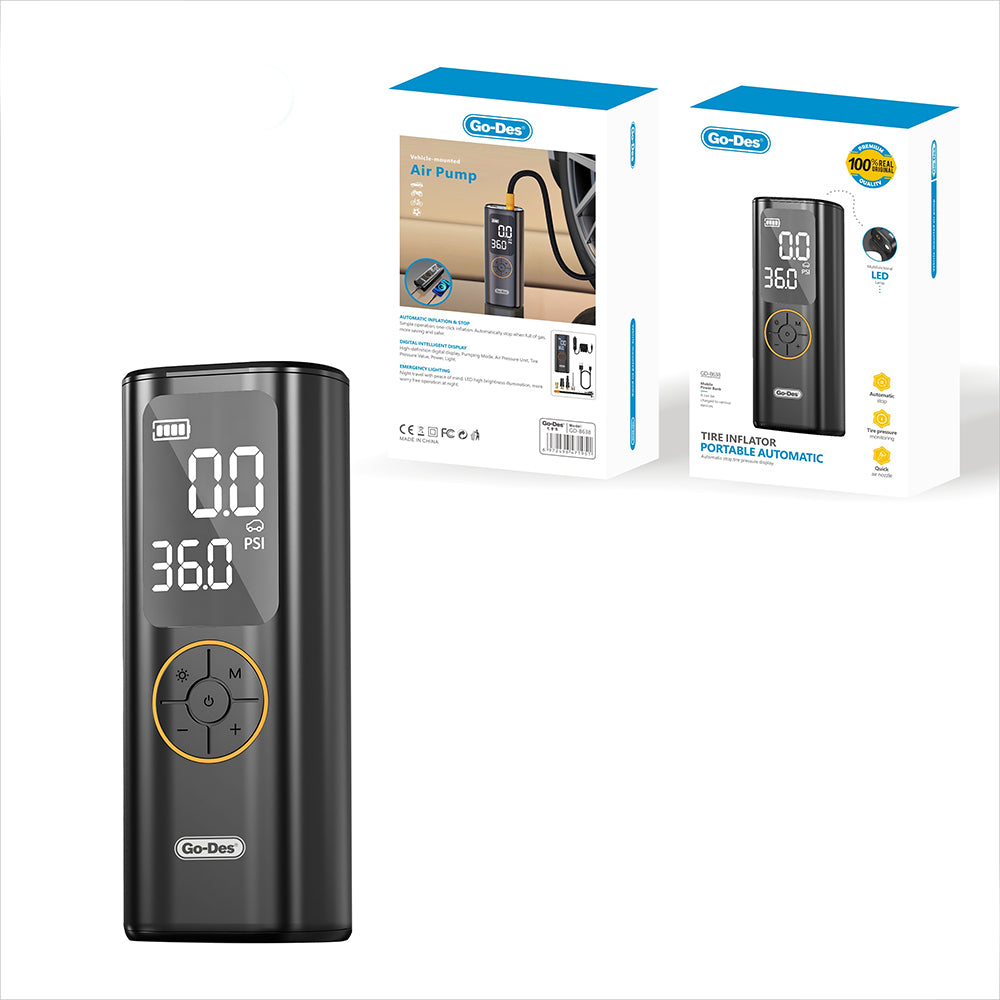 Go Des GD-B638 LED Işıklı Araç Hava Kompresörü ve Powerbank 12V Siyah