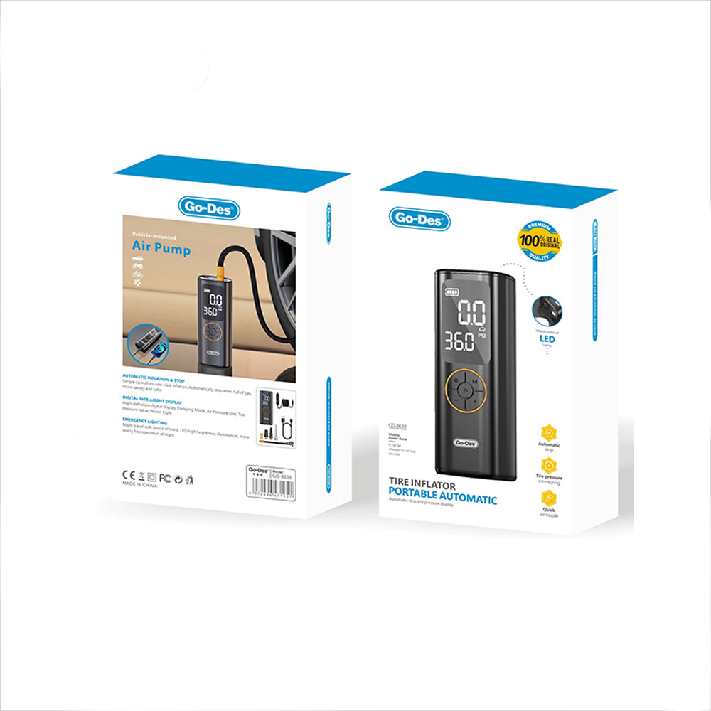 Go Des GD-B638 LED Işıklı Araç Hava Kompresörü ve Powerbank 12V Siyah