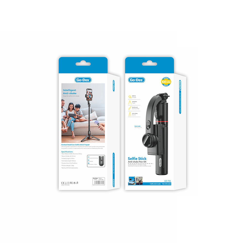 Go-Des GD-F06 Bluetooth Kumandalı Teleskopik Tripodlu Sarsılma Engelleyicili Selfie Çubuğu Siyah