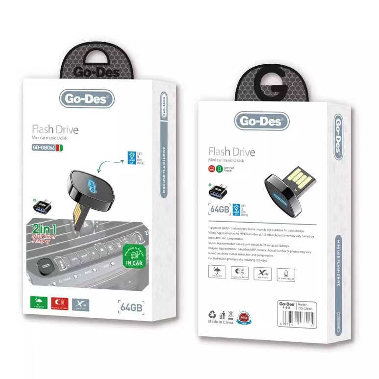 Go Des GD-GB066 2 in 1 LED Light Car Mini Flash Disk 64 GB Type-C OTG Gift Black