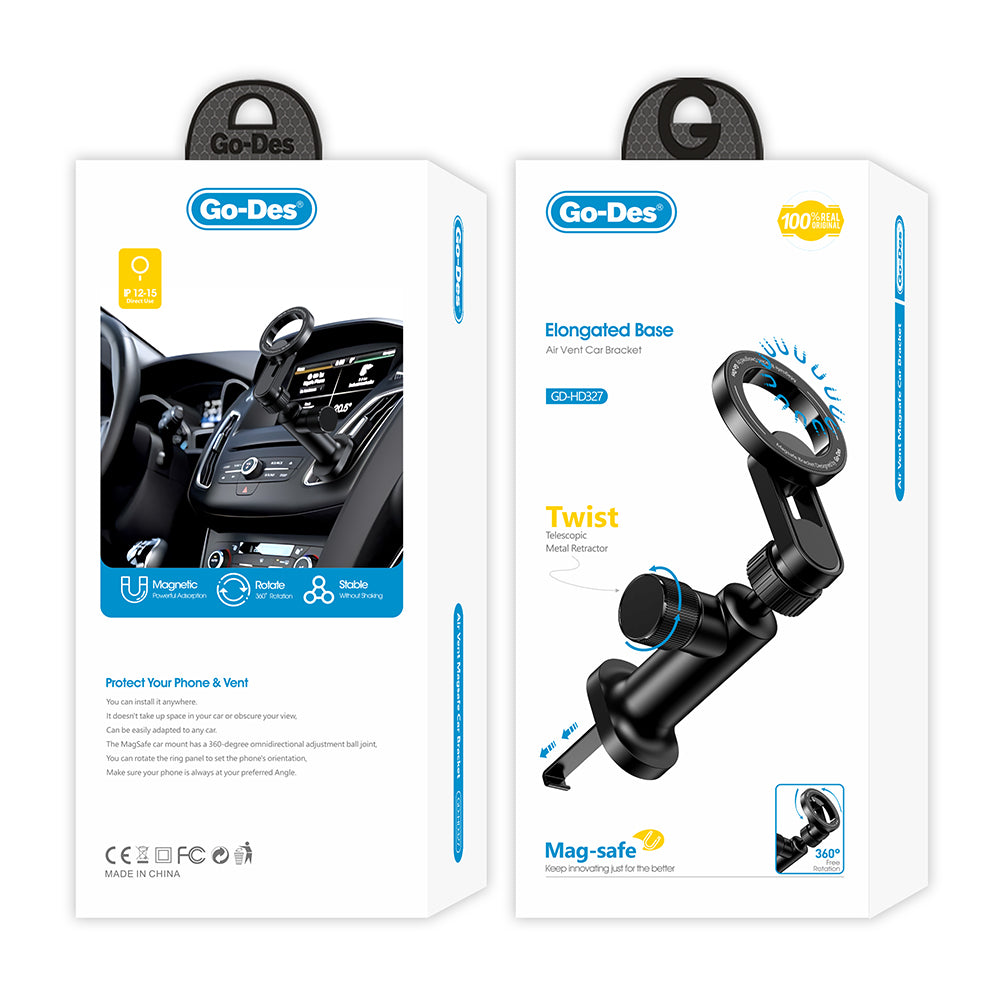 Go Des GD-HD327 Magnetik M-safe Uyumlu 360 Derece Dönebilen Düz Zemin ve Havalandırma Tasarımlı Araç Telefon Tutucu Siyah