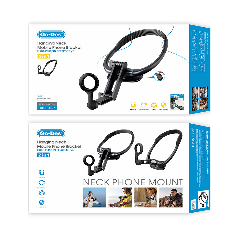 Go Des GD-HD827 2in1 Eller Serbest Magnetik Boyun Askılı Telefon Tutucu Siyah