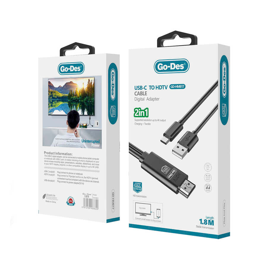 Go Des GD-HM817 2 in 1 4K UHD HDMI Cable Black