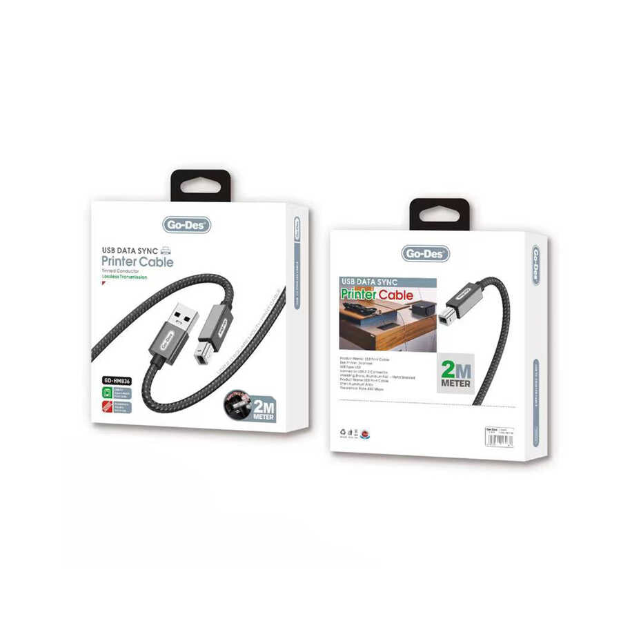 Go Des GD-HM836 USB-A to USB-B 2.0 Braided Printer Cable 2M Black