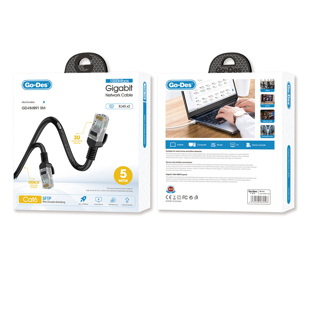 Go Des GD-HM891 1000Mbps Aktarım Hızlı RJ45 Ethernet Kablosu 5M Siyah