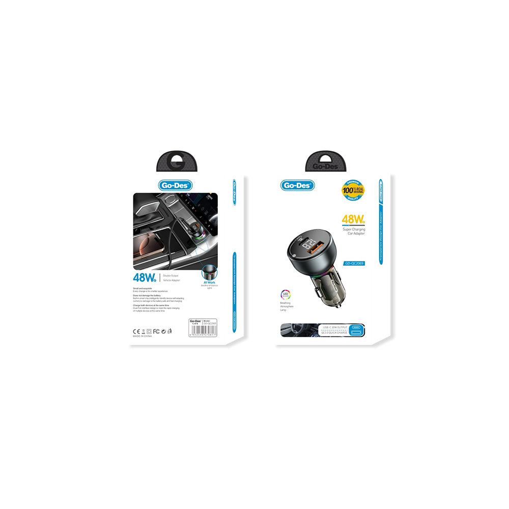 Go Des GD-QC2069 48W Fast Charging Car Charger with Digital Display Black