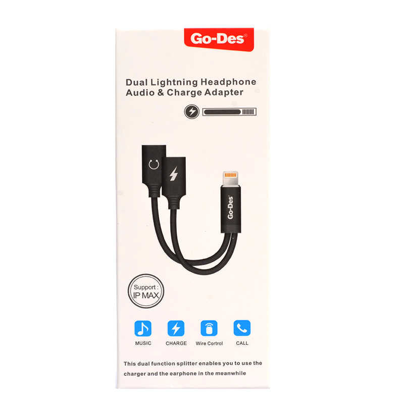 Go Des GD-UC11 Dual Lightning Headphone Audio & Charge Adapter Black