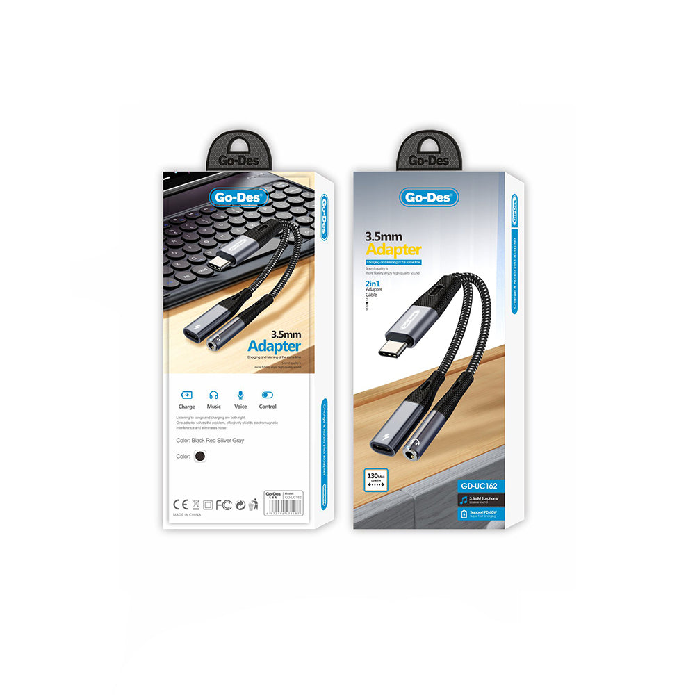 Go Des GD-UC162 3.5mm Jack Girişli Type-C 2in1 Şarj ve Ses Kablosu Siyah