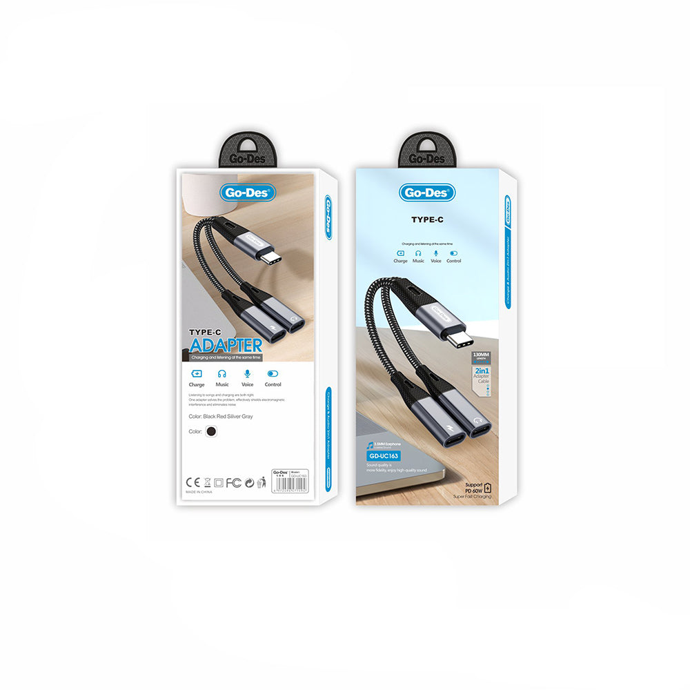 Go Des GD-UC163 Type-C 2in1 Charging and Audio Cable Black