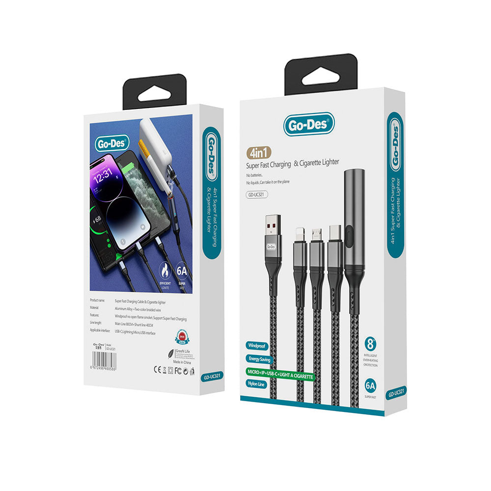 Go Des GD-UC321 4in1 Lightning – Type-C – Micro USB Ultra Fast Charging Cable + Lighter Gray