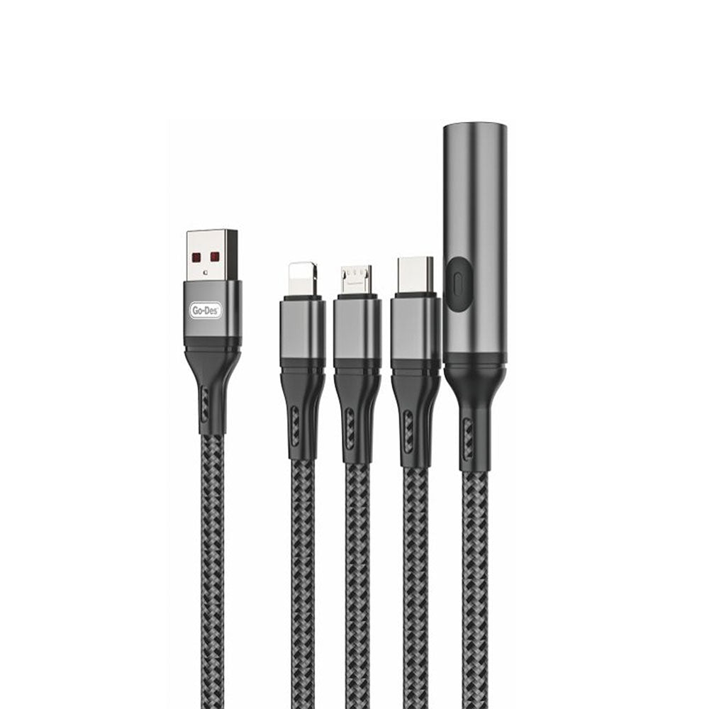 Go Des GD-UC321 4in1 Lightning – Type-C – Micro USB Ultra Fast Charging Cable + Lighter Gray