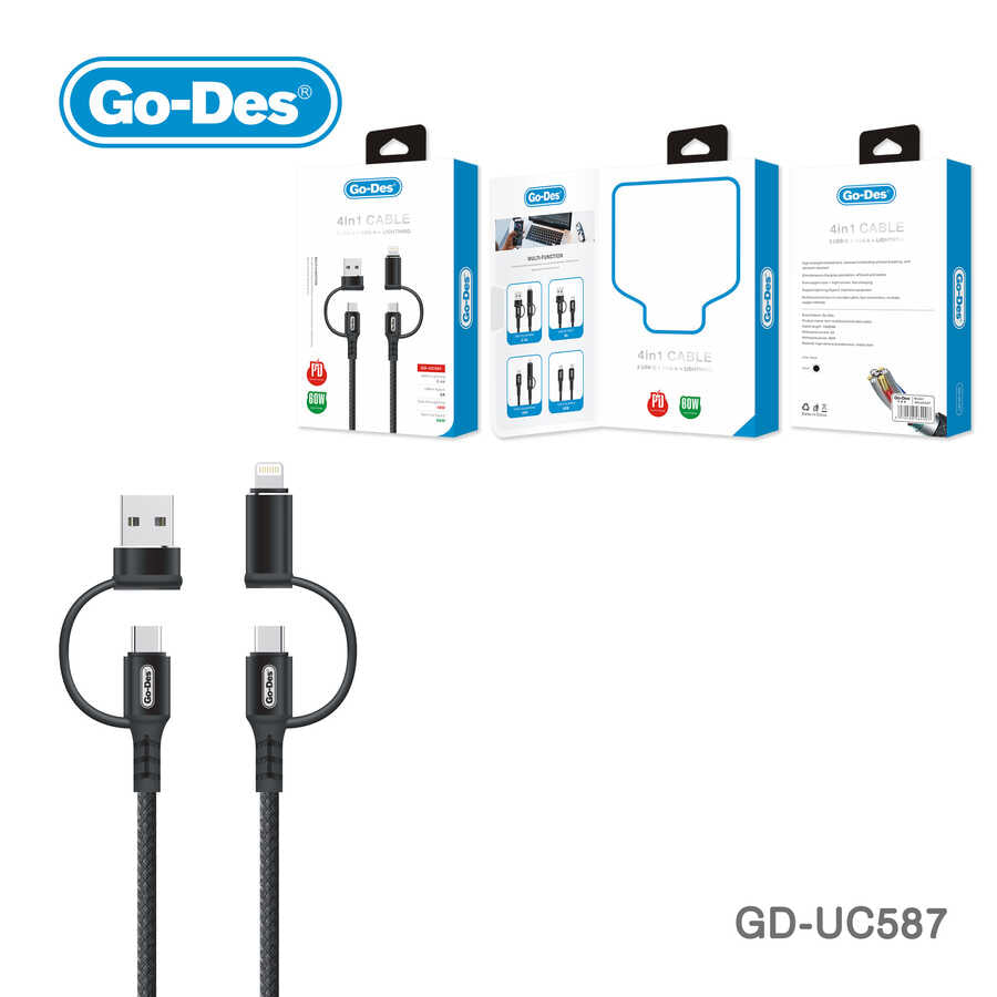 Go Des GD-UC587 4 in 1 Type-C-Lightning To PD-Usb Cable Black